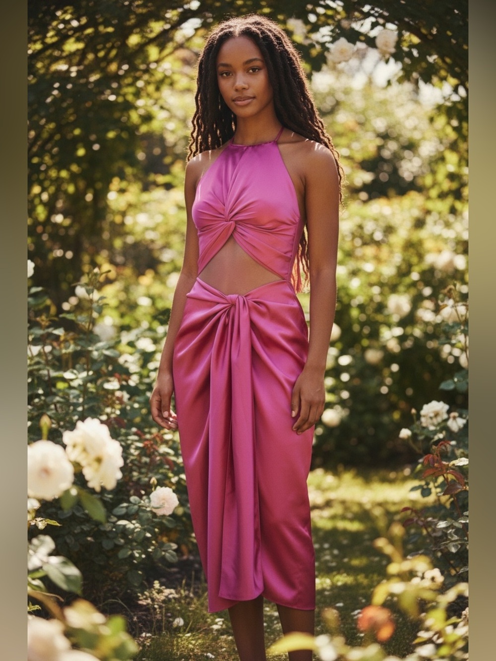 Andrea Iyamah Reni Satin Midi Dress M Fuchsia Pink Cutout Knot Wedding Guest
